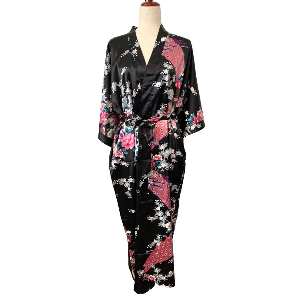Vtg NWT BABEYOND Satin Kimono Robe Women's M/L Black Floral Peacock Y2K Boho